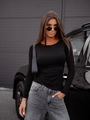 Slim fit black long sleeve crew neck knit top styled with high waist jeans and accessories - S / Black