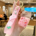 Pink floral boba cup keychain with liquid glitter bear and Trip silicone wristlet - Pink Flower - Soda Can