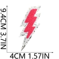 Detailed size map of lightning bolt embroidery patch in magenta chenille and silver glitter - No.10-Lightning