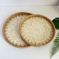 Set of two round rattan trays with inlaid shell patterns for home decor and storage - Gold & White Leaves / 2-Piece Set