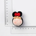 Handmade crochet doll head pendant in black and red yarn with size measurement ruler - MENGSI Red Black Bow Dumpling