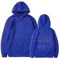 Blue hooded sweatshirt featuring vintage Ocean Beach print and front kangaroo pocket - S / Blue (Retro Print)