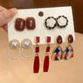 5-pair vintage earring set with red gems, camellia flowers, and pearls on cards - 5 Pairs Set-Red White Black Gold (2#)