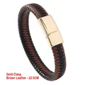Men's woven leather bracelet with gold magnetic buckle in brown and black 22.5cm - 22.5CM / Gold Clasp Brown Leather