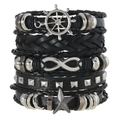 Herren Mehrlagiges schwarzes Lederarmband Set mit Ruder und Unendlichkeitssymbolen - 5-teiliges Armband-Set (Schwarz)