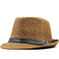 Classic tan woven straw fedora hat with black leather band and silver buckle for summer - M(56-58cm) / Coffee