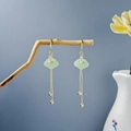 Vintage light green tassel earrings with golden cloud motif and sparkling zircons - Light Green Ruyi Cloud Tassel (E2654-10)
