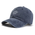 Navy blue washed cotton baseball cap with white sun embroidery in a side-view pose - Adjustable / Navy Blue
