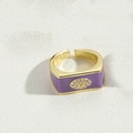 Adjustable gold ring with purple enamel square face and sparkling pavé stone evil eye - Purple