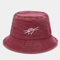 Close-up of deep red washed cotton bucket hat with white embroidery and metal eyelets - M (56-58cm) / Burgundy
