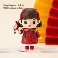 Cute traditional Chinese girl figurine in red dress with rattle, height 6.4cm - PVC Girl with Pellet Drum