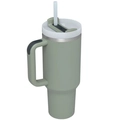 Green 40oz stainless steel insulated tumbler with handle and straw on white background - Second Generation 40oz Gulf Leaf / 40oz