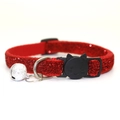 Sparkly red glitter fabric pet collar with black cat-shaped safety buckle and silver bell - Red