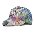 Luxury baseball cap with colorful leaf print, rhinestones, and pearl embellishments - Adjustable / Maple Leaf Blue-Green