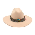Chapeau Fedora en laine beige avec ruban ethnique tressé et pompon coloré bohème - Taille unique / Poche zippée
