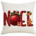 Housse de coussin Noël en lin avec texte NOEL rouge et décor festif de bonhomme de pain d'épice - Lettrage Noël