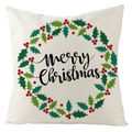 Detail of linen Christmas pillow case with holly wreath and Merry Christmas text - Beige Holly Wreath