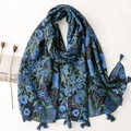 Vintage dark blue floral cotton scarf with fringe tassels on white table with cereal book - 180x90cm / Vintage Ethnic Dark Blue Floral Print (SL2211-021)