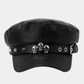 Cappello militare punk nero in finta pelle con teschi argentati e borchie lunghe a punta - Teschio Alieno