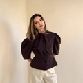 Deep brown puff sleeve peplum top with front buttons and elegant bow tie neck detail - S / Brown