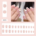 Pink press-on nails with 3D camellia flower and pearl chain in elegant French style - Gentle Camellia(Z476)