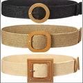 Straw woven belts set in black, khaki and cream with wooden buckles for women - 3Pcs Set (Round Black+Square Khaki+Large Square White)