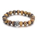 Tiger eye beaded bracelet with silver skull charm on a clean white background - 10mm Tiger Eye Skull Style (KB70685-BD)