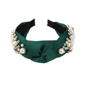 Fashionable dark green knotted fabric headband decorated with imitation pearls and beads - Dark Green