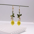 Fresh lemon flower drop earrings with yellow fruit charm and green leaves on gold hooks - Lemon Pearl Dangle Style (FN1018-1)