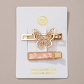 Golden hair clip set with butterfly rhinestone design and pink resin insert on card - Set 3 (Rhinestone Butterfly/Pink Marble)