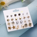 12 pairs of alloy stud earrings set with crystal stars and flowers on display card - Star Flower Round Square Heart Set (ER23Y0816-7)
