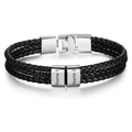 Detailed macro of a triple-layer black braided leather bracelet with customizable steel beads - 19cm / 2 Names / Steel Color Buckle