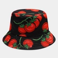 Close-up of black bucket hat featuring red tomato patterns and reinforced brim stitching - Black Base Tomato Print (14# Color)