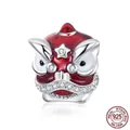 925 silver lion dance charm with red enamel and sparkling stones for DIY bracelets - Lion Dance