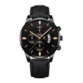 Detail of SHAARMS men's quartz watch with rose gold indices and black leather strap - Black Strap Black Case Black Dial Rose Gold Hands