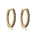 Close-up of gold plated huggie earrings featuring a vertical row of inset black crystals - Gold Black Zirconia