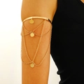 Bohemian gold upper arm cuff with long tassel chains and metallic round charms - Disc Tassel Style (A-664)