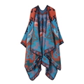 Ethno-Strick-Poncho mit blau-orangem Azteken-Muster aus weichem Kaschmir-Imitat - Viereckpfeil Orange Blau
