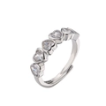 Adjustable silver ring with five heart-shaped cubic zirconia in a prong setting - Adjustable Open / Platinum White Zirconia
