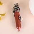 Hexagonal column reddish-brown natural stone pendant with silver vintage flower motifs - Gold Sandstone