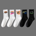 Five-pack of black and white cotton sports socks with colorful graffiti street style prints - 5 Pairs (Styles 3, 4, 5, 20, 28)