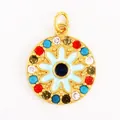 Mini floral pendant with colorful micro-pave stones and blue enamel flower center - Bohemian Green Floral Round Pendant (ADF8990-Green)