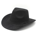 Detail of a black faux suede western cowboy hat with a thin knotted decorative band - Black