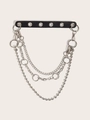 Detail view of punk style black leather choker with layered silver metal chains and rings - 1346 Black PU Silver Multi-layer Chain Style