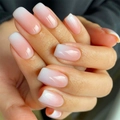 Glossy pink and white ombre French almond press-on nails with a gradient finish - Pink White Ombre French Square Oval Style (JP2147)