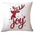 Detailed close-up of a white pillowcase with a red glitter reindeer and Joy text - Reindeer Joy