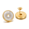 Golden stainless steel round stud earrings with white shell inlay and sparkling rhinestones - Mother of Pearl Zircon Gold (KE58900-K)