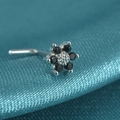 Silver flower nose stud with black stones and clear crystals on blue silk - Style B / Black Zirconia