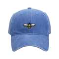 Close-up of intricate yellow bee embroidery on blue washed denim baseball cap - Adjustable / Light Blue