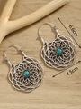 Bohemian silver hollow flower earrings with turquoise stone, 6.6cm by 4.5cm size - Silver FX728 With Turquoise
